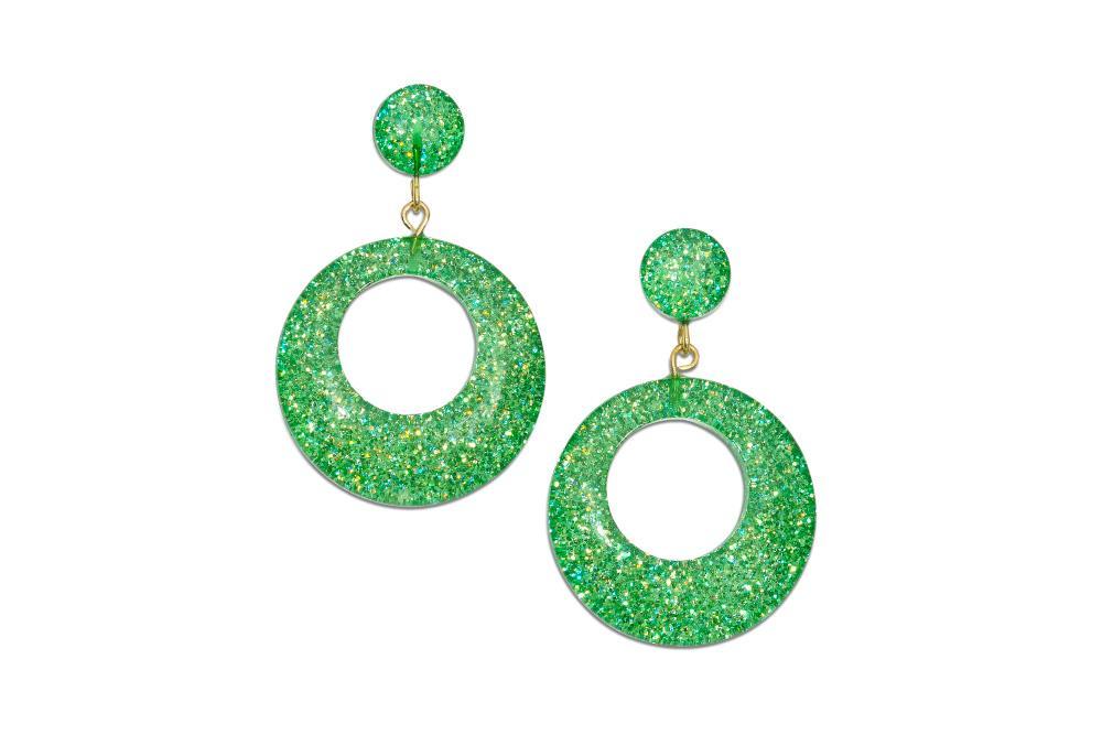 Leaf Green Glitter Drop Hoop Earrings