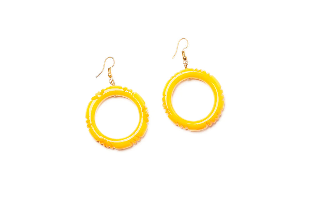 Yolk Heavy Carved fakelite drop hoop earring - Yellow